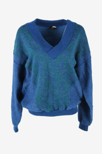 Vintage Ladies Jumper V Neck Long Sleeve Pullover 90s Blue Size L