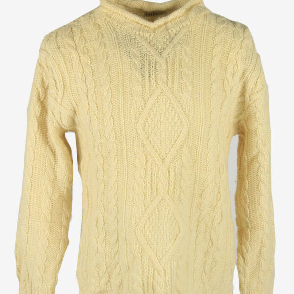 Aran Knit Wool Jumper Vintage Crew Neck Pullover 90s Cream Size M