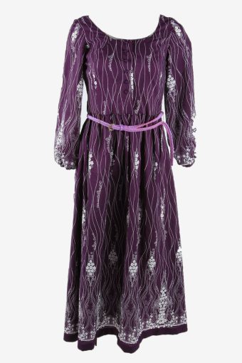 Floral Maxi Dress Vintage Round Neck With Belt Retro 80s Purple Size M