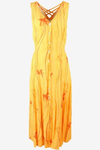 Floral Summer Long Dress Sleeveless Button Down Retro 90s Orange UK 12