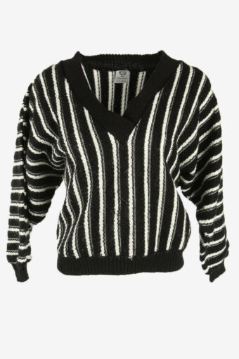 Ladies Jumper Vintage V Neck Striped Pullover Winter 90s Black Size L