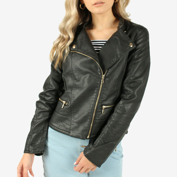 New Womens Faux Pu Leather Biker Jacket Ladies Size S, M, L, XL
