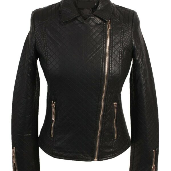 New Womens Quilted Faux Pu Leather Biker Jacket Ladies Size S, M, L, XL