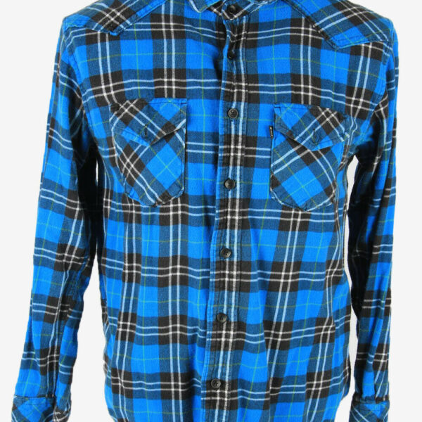 Vintage Flannel Shirt Check Long Sleeve Button Cotton 90s Blue Size M