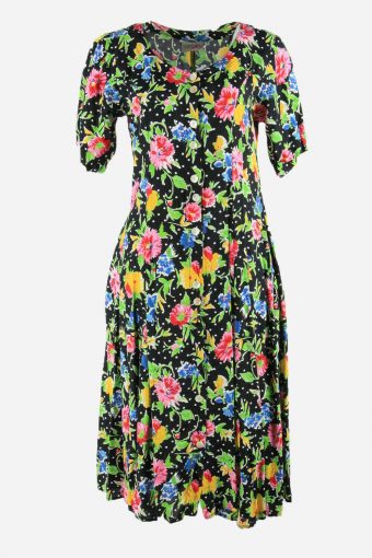 Vintage Flowers Print Short Sleeve Dress 90s Midi Button Up Multi Size M