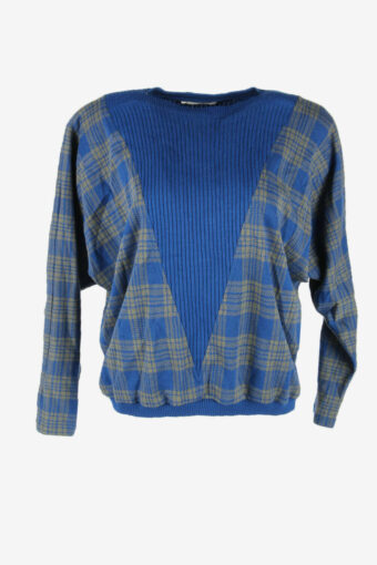 Vintage Ladies Jumper Crew Neck Check Pullover 90s Blue Size XXL
