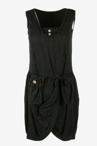 Vintage Linen Mini Dress Scoop Neck Pockets Retro 90s Black Size UK 4/6