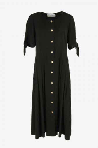 Vintage Plain Midi Dress Short Sleeve Round Neck 90s Retro Black Size XL