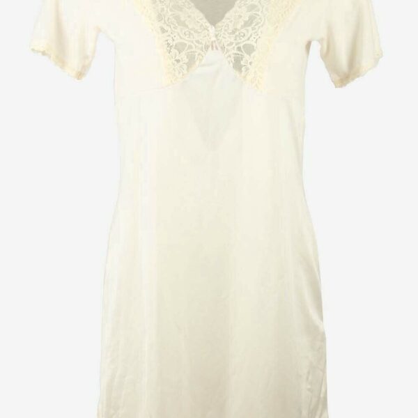 Vintage Short Sleeve Slip Dress Lace Nightdress Retro 90s Beige M/L