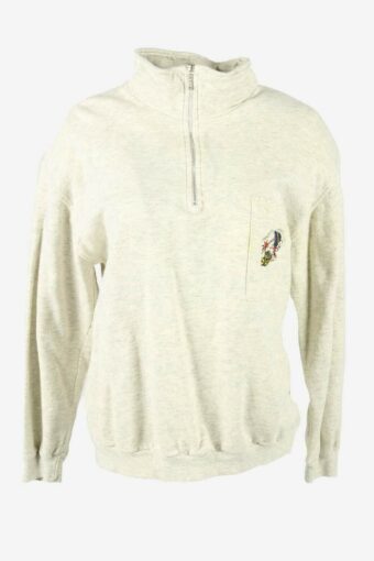 Vintage Sweatshirt Top Long Sleeve Embroidered Zip Neck 90s Beige 48/50