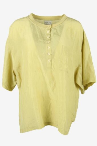 100% Silk Vintage Top Blouse Half Button Short Sleeve 90s Lemon Size XL