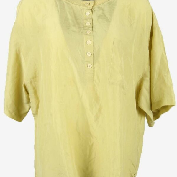 100% Silk Vintage Top Blouse Half Button Short Sleeve 90s Lemon Size XL