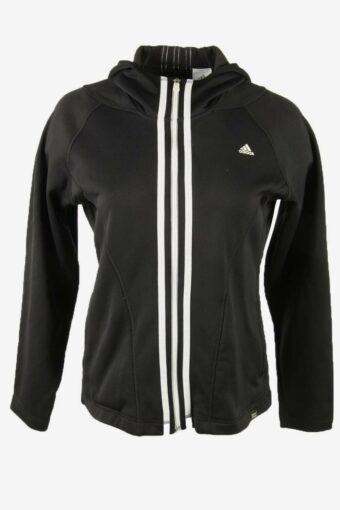 Adidas Track Top Hooded Vintage Full Zip 3 Striped 90s Black Size UK 14