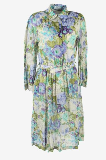 Lady Floral Maxi Dress Vintage Collared With Belt Holiday Multi Size M