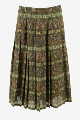 Pleated Long Skirt Vintage Patterned Lined Retro 90s Green Size UK 14