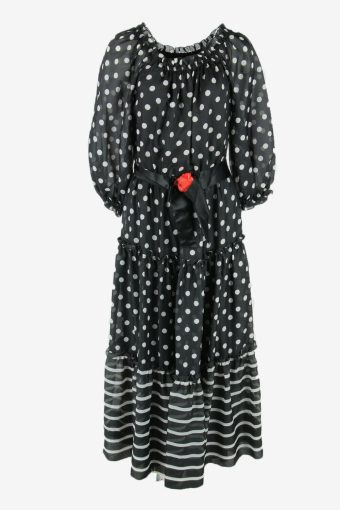 Polka Dot Maxi Dress Vintage Round Neck Party Fluffy 90s Black Size M