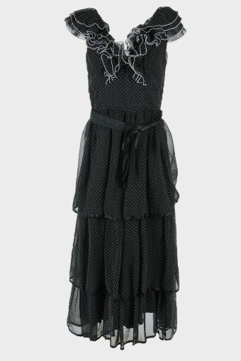 Polka Dot Maxi Dress Vintage V Neck Party Fluffy 90s Black Size M – DR202