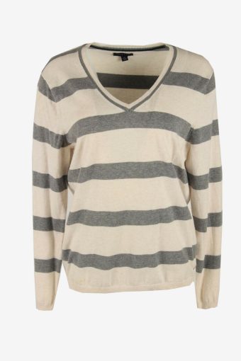 Tommy Hilfiger Striped Sweater Vintage Jumper V Neck White Size XL