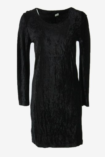 Velvet Midi Dress Vintage Round Neck Elastic Waist Casual Black Size M