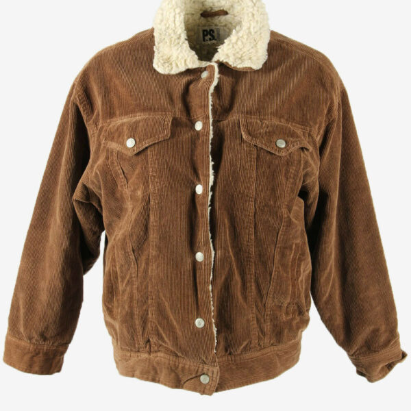 Vintage Corduroy Jacket Sherpa Cord Snap Retro 90s Brown Size UK 10-12