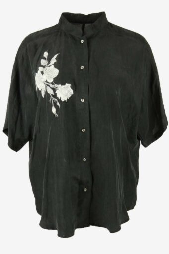 Vintage Floral Top Blouse Button Down Short Sleeve 90s Black Size XL