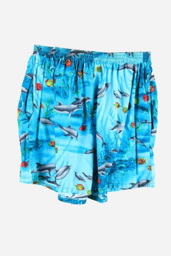Vintage Kids Shorts Shark Summer Beach Hawaiian 90s Turquoise Size L