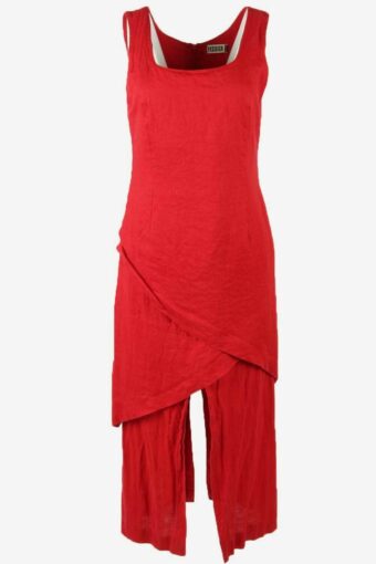 Vintage Linen Long Dress Square Neck Lined Retro 90s Red Size UK 14