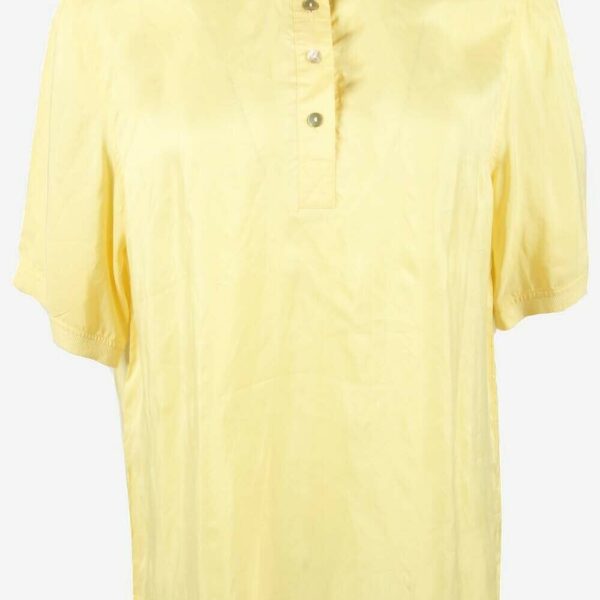 100% Silk Top Blouse Half Button Collared Retro 90s Yellow Size UK 16