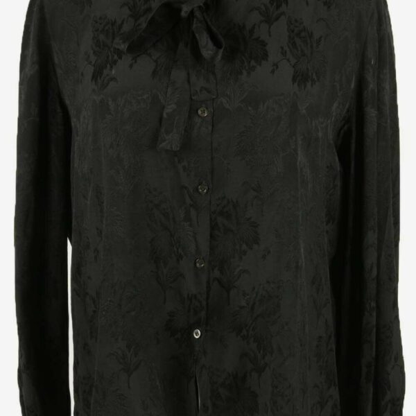 100% Silk Vintage Top Blouse Button Down Tie Bow 90s Black Size UK 20