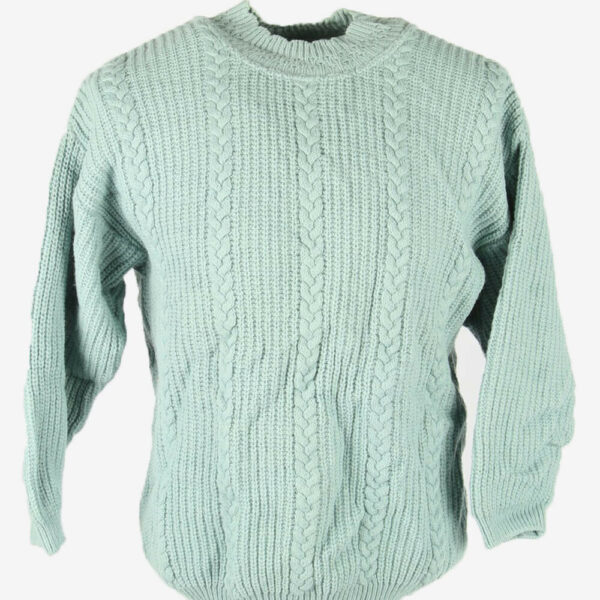 Cable Knit Wool Jumper Vintage Crew Neck Pullover 90s Turquoise Size M – IL2663