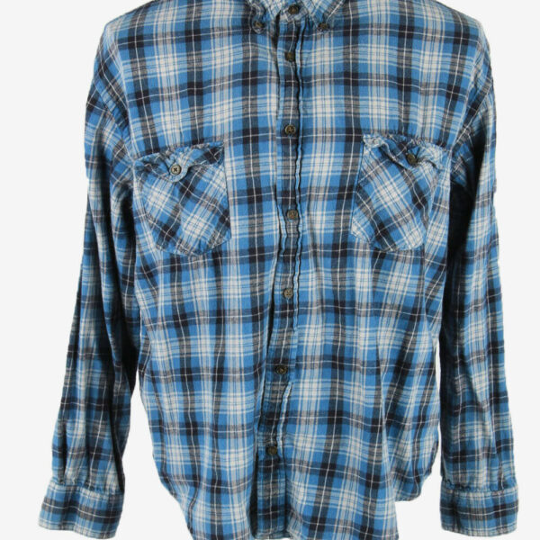 Flannel Shirt Vintage Check Long Sleeve Button 90s Cotton Blue Size XL