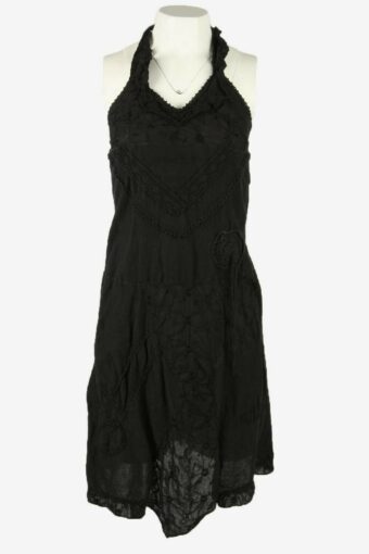 Floral Midi Dress Vintage Halter Neck Embroidered Retro 90s Black Size S