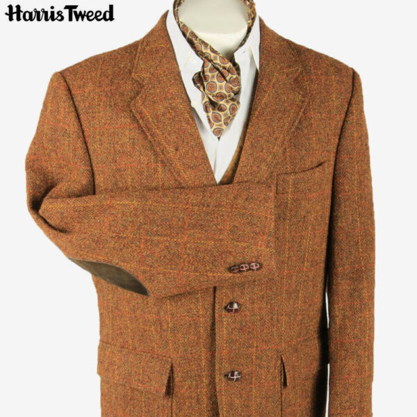 Harris Tweed Vintage Blazer Jacket Windowpane Elbowpatch Brown Size XL