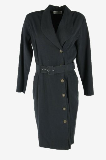 Lady Plain Midi Dress Vintage Collared Casual Formal Belt Black Size M
