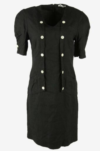 Linen Midi Dress Vintage V Neck Lined Pockets Retro 90s Black Size 42