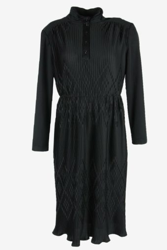 Midi Dress Vintage Plain Collared Long Sleeve Retro Black Size L