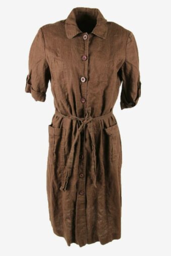 Plain Midi Dress Vintage Collared Neck Retro 90s Brown Size UK 16/18