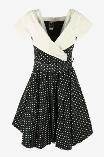 Polka Dot Midi Dress Vintage Collared Lined Belted 90s Black UK 14