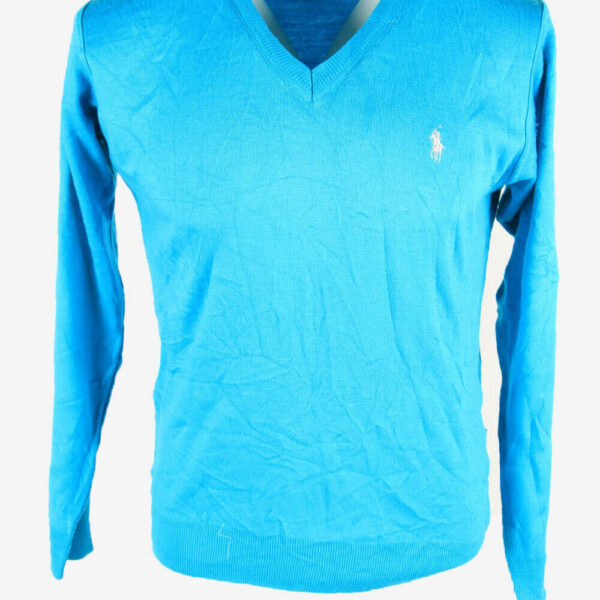 Polo Ralph Lauren Plain Vintage Sweater V Neck Jumper Turquoise Size S