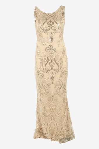 Sequin Maxi Dress Vintage Round Neck Wedding Party Style Beige Size S