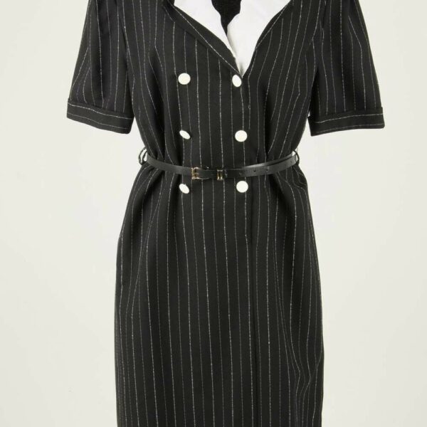 Striped Long Dress Vintage Collared Neck Belted Lined 90s Black UK 14