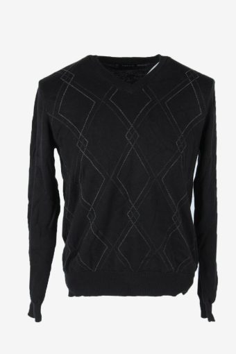 Vintage Diamond Sweater V Neck Jumper Golf 90s Casual Black Size M