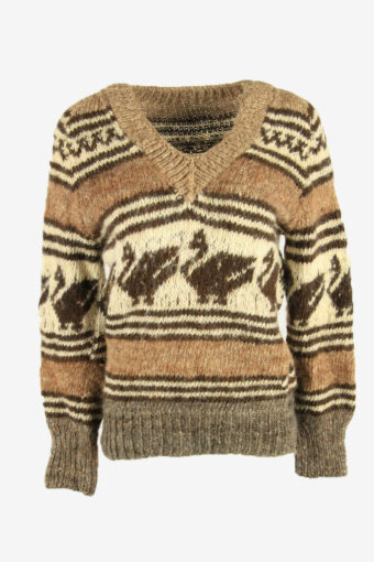 Vintage Duck Print V Neck Icelandic Jumper Sweater Warm Brown Size M