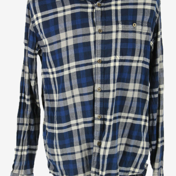Flannel Shirt Vintage Check Long Sleeve Button 90s Cotton Blue Size M