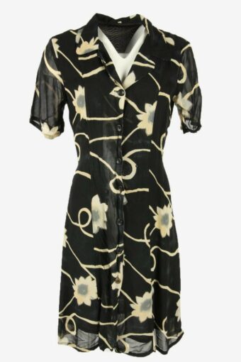 Floral Dress Vintage Collared Neck Adjustable Waist Lined 80s Black M