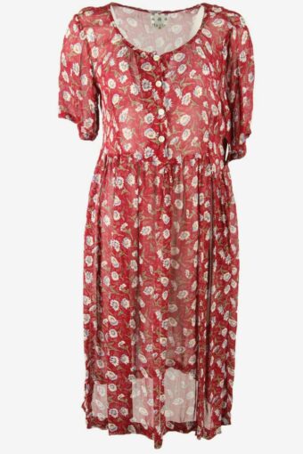Floral Transparent Long Dress Vintage Scoop Neck Retro 80s Red Size M