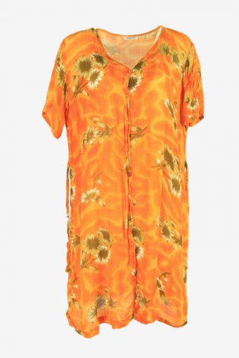 Flowers Vintage Midi Dress Short Sleeve V Neck 90s Retro Orange Size