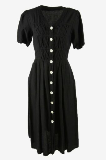 Vintage Long Dress V Neck Linen Mixed Retro 90s Black Size UK 10