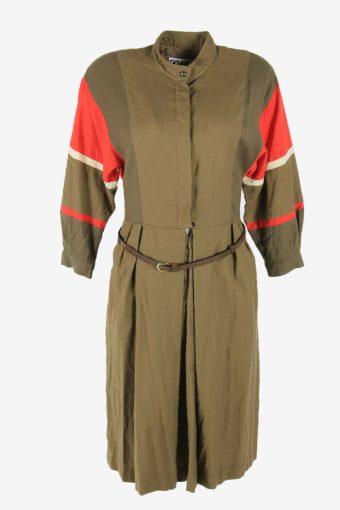 Plain Midi Dress Vintage Crew Neck Long Sleeve With Belt Brown Size S