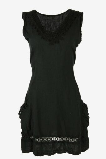 Plain Midi Dress Vintage V Neck Lace Detail Retro 90s Black Size UK 4/6
